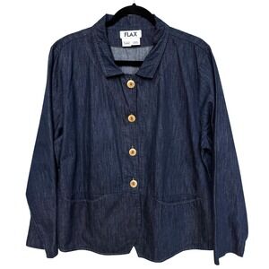 Flax Cotton Blue Denim-Style Blazer Jacket, Size Large, Cotton, Pockets, Boxy